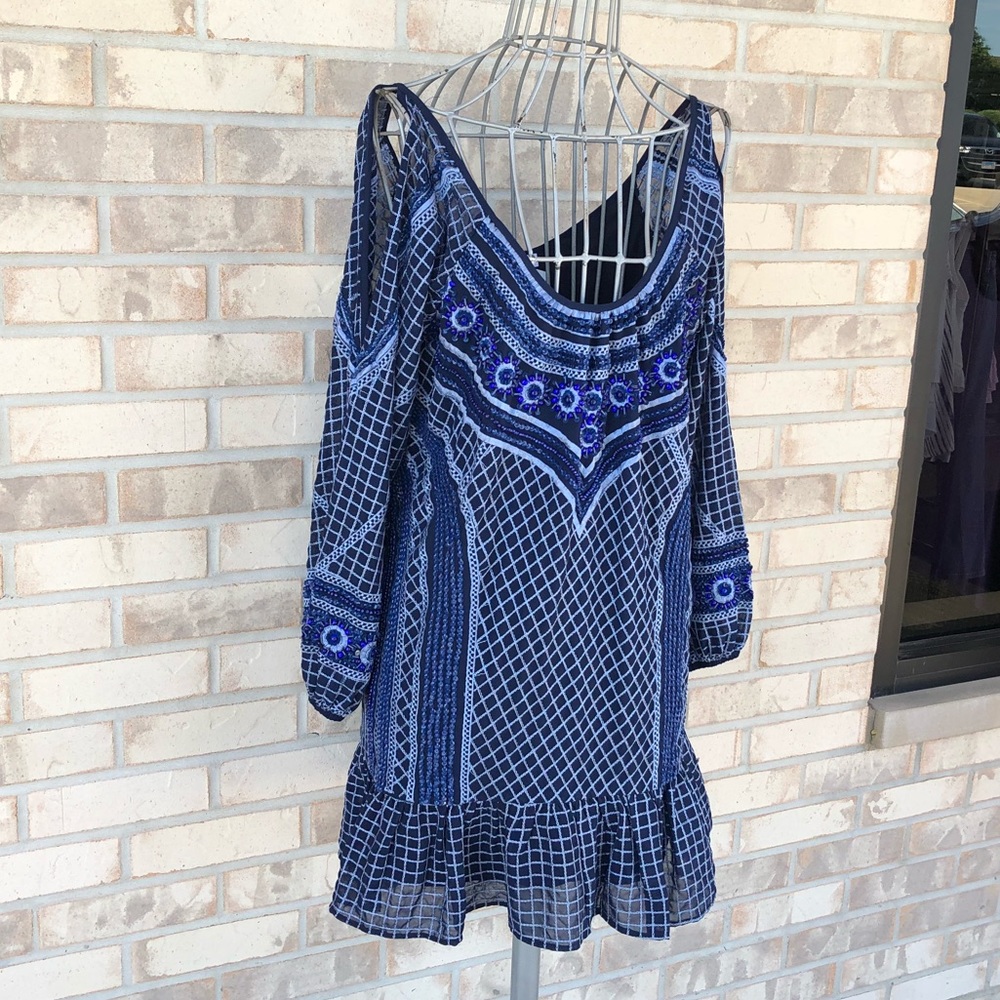 Parker Beaded Blue Cold Shoulder Dress